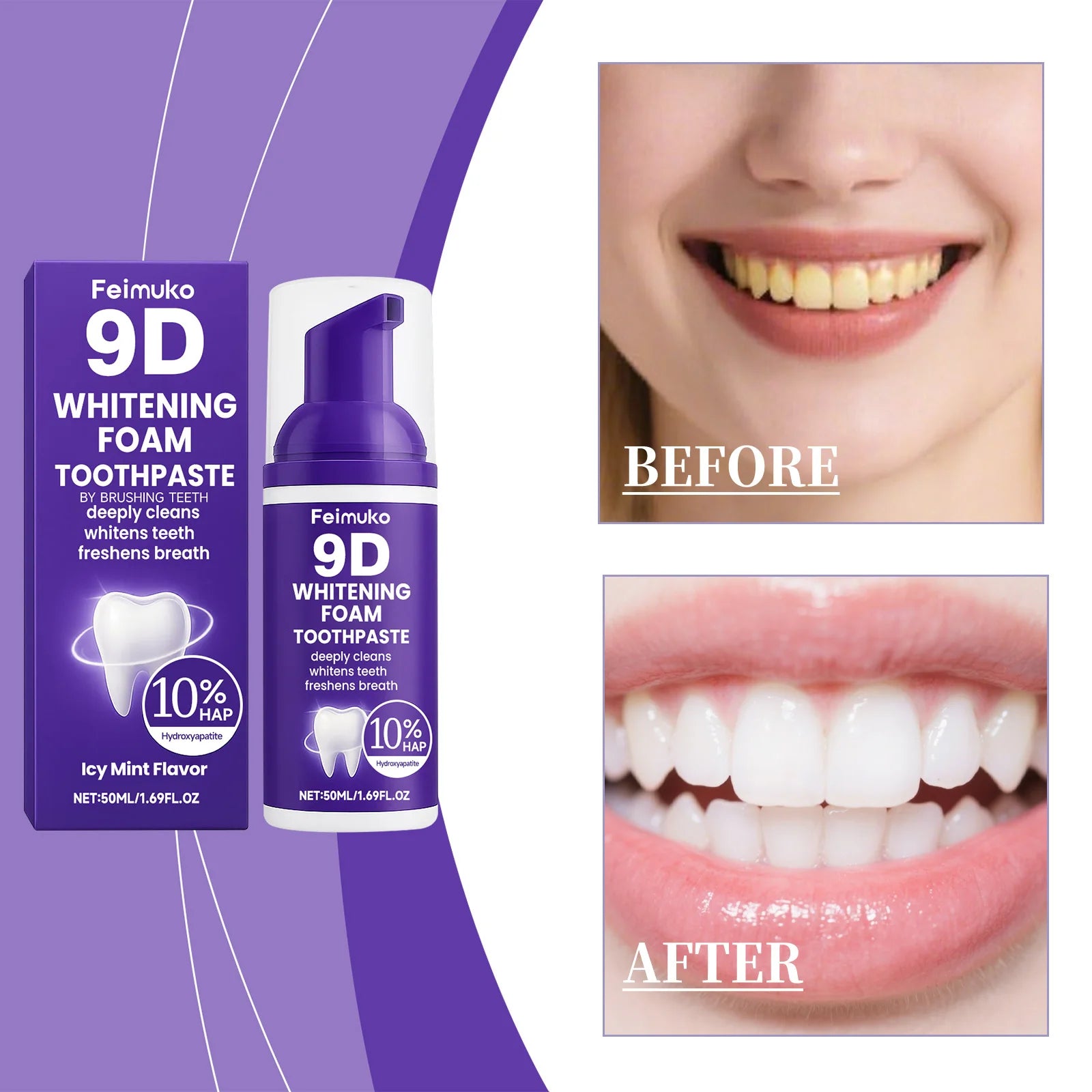 Transform Your Smile with 9D Purple Tooth Mousse - Whitening Foam Toothpaste with 10% Hydroxyapatite for Fresh Breath & Stain Removal, Perfect for Travel!