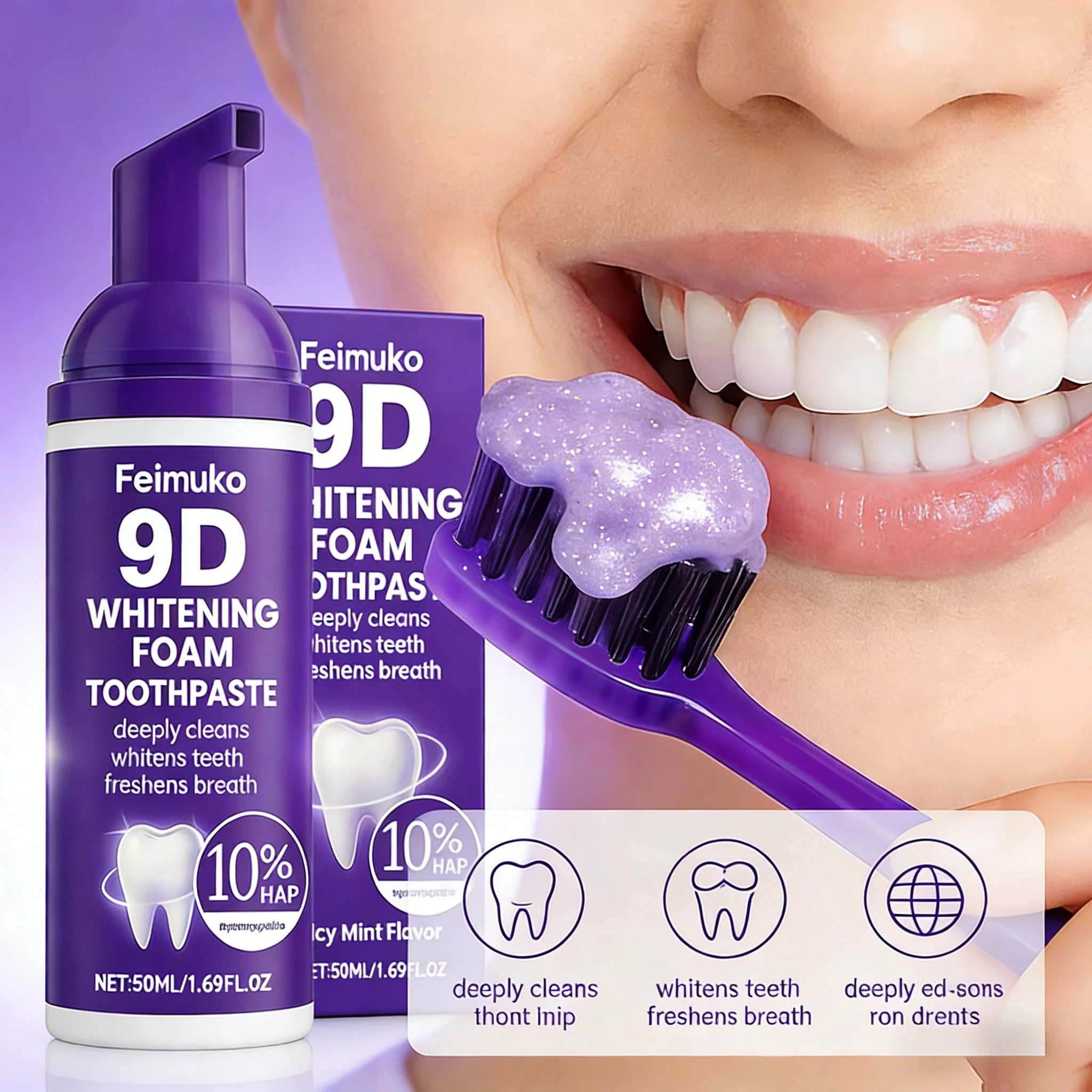 Transform Your Smile with 9D Purple Tooth Mousse - Whitening Foam Toothpaste with 10% Hydroxyapatite for Fresh Breath & Stain Removal, Perfect for Travel!