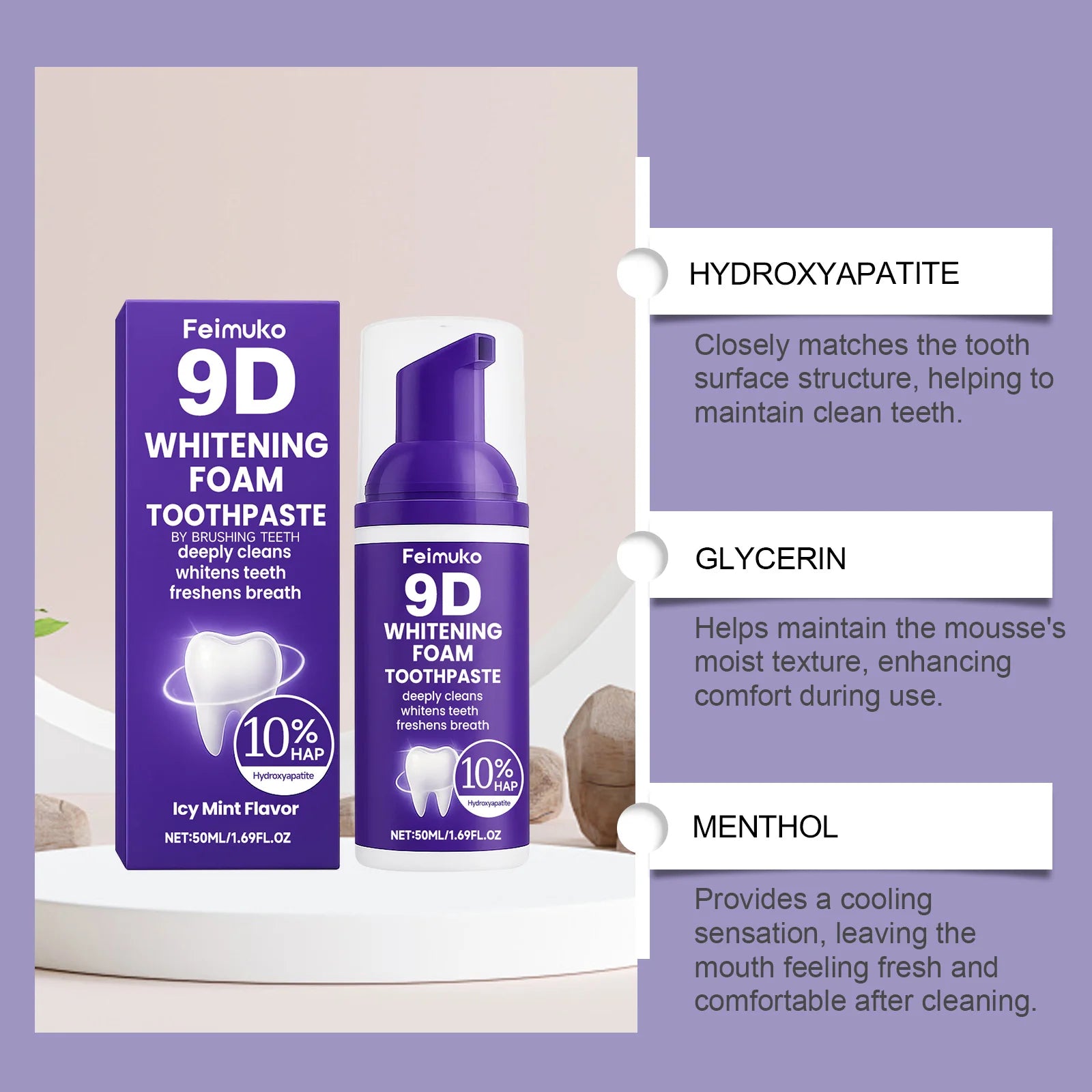 Transform Your Smile with 9D Purple Tooth Mousse - Whitening Foam Toothpaste with 10% Hydroxyapatite for Fresh Breath & Stain Removal, Perfect for Travel!
